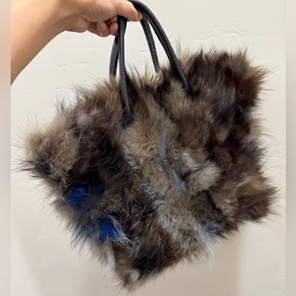 Genuine Fox Fur Handmade Large Tote/Metal Clip & Leather Handles Bag/Crossbody - Picture 10 of 16